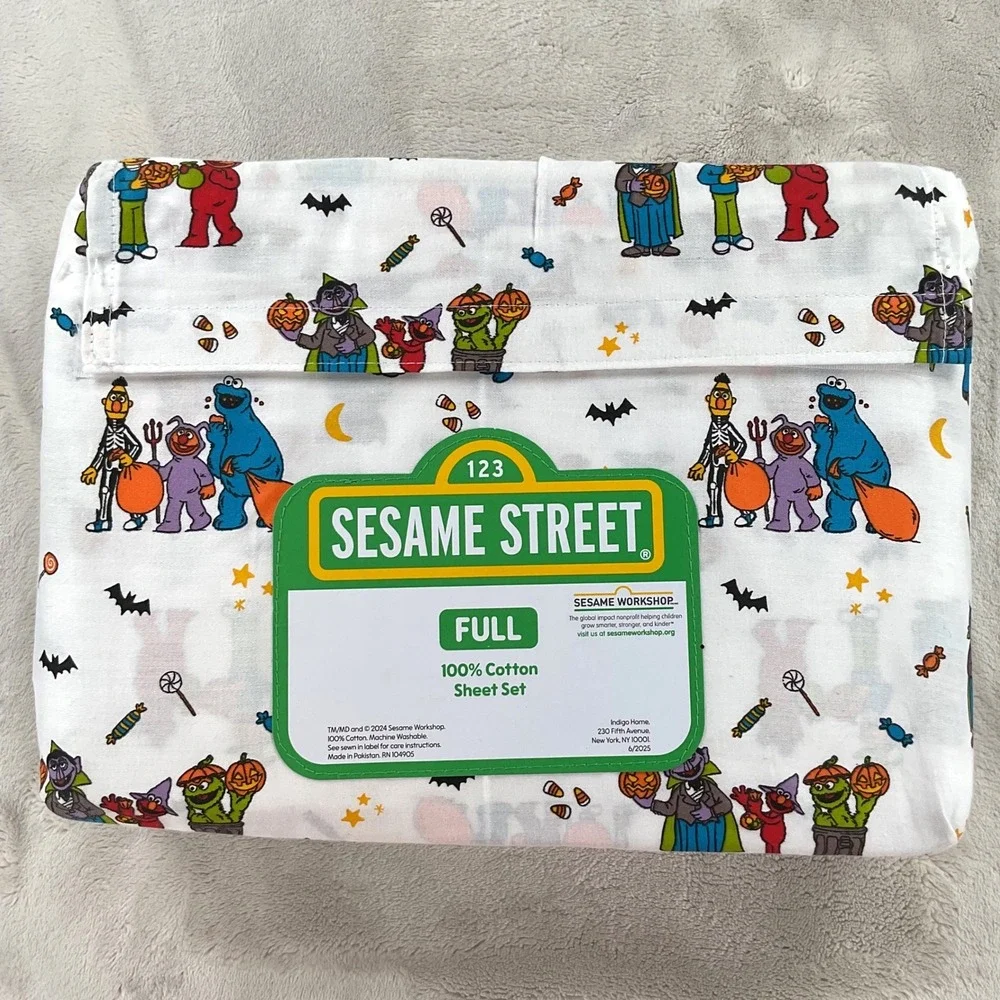 Sesame Street Halloween Full Sheet Set 100% Cotton Elmo Cookie Monster 4 Piece